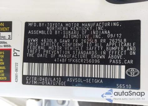 2012 Toyota Camry Xle z USA, uszkodzony, nr VIN 4T4BF1FK6CR256096